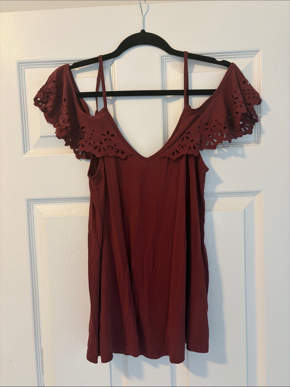 Alya Burgundy Cold-Shoulder Eyelet Trim Tank Top